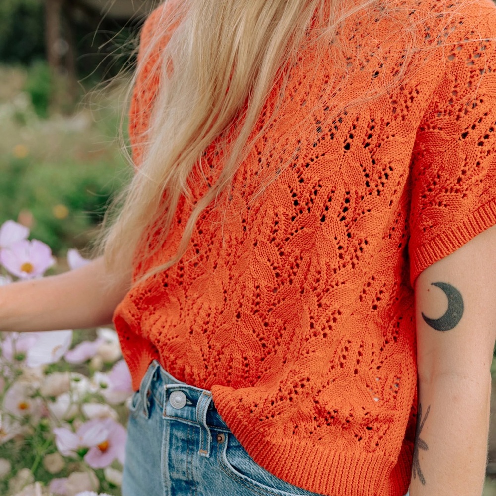 CURATOR SF- Rosey sweater top- cotton Open-Stitch Short-Sleeve Scoop